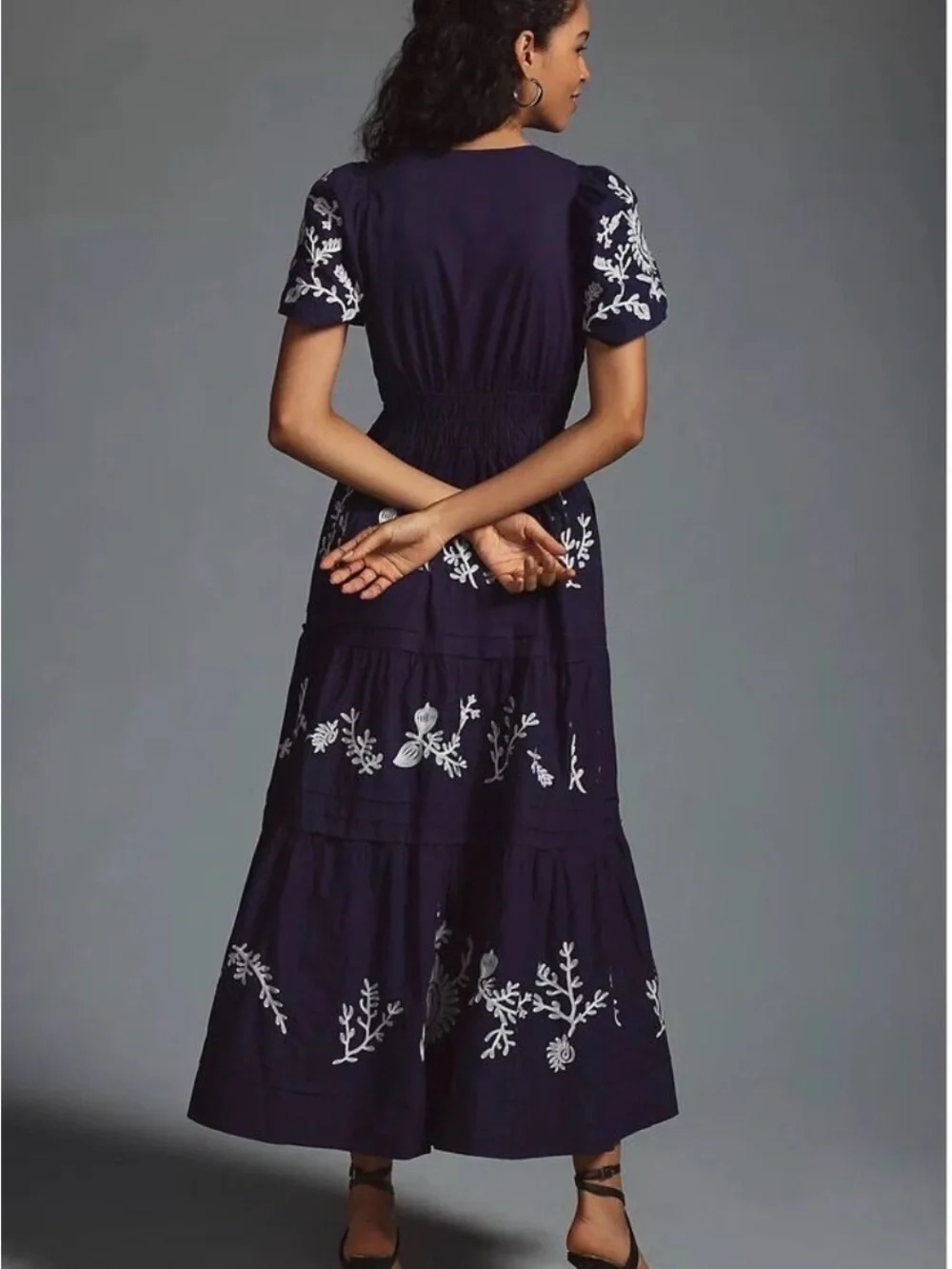 Anthropologie Navy Maxi Dress with White Floral Embroidery